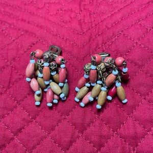 Vintage W. German Snap Back Wood & Seed Bead Earrings Green Coral